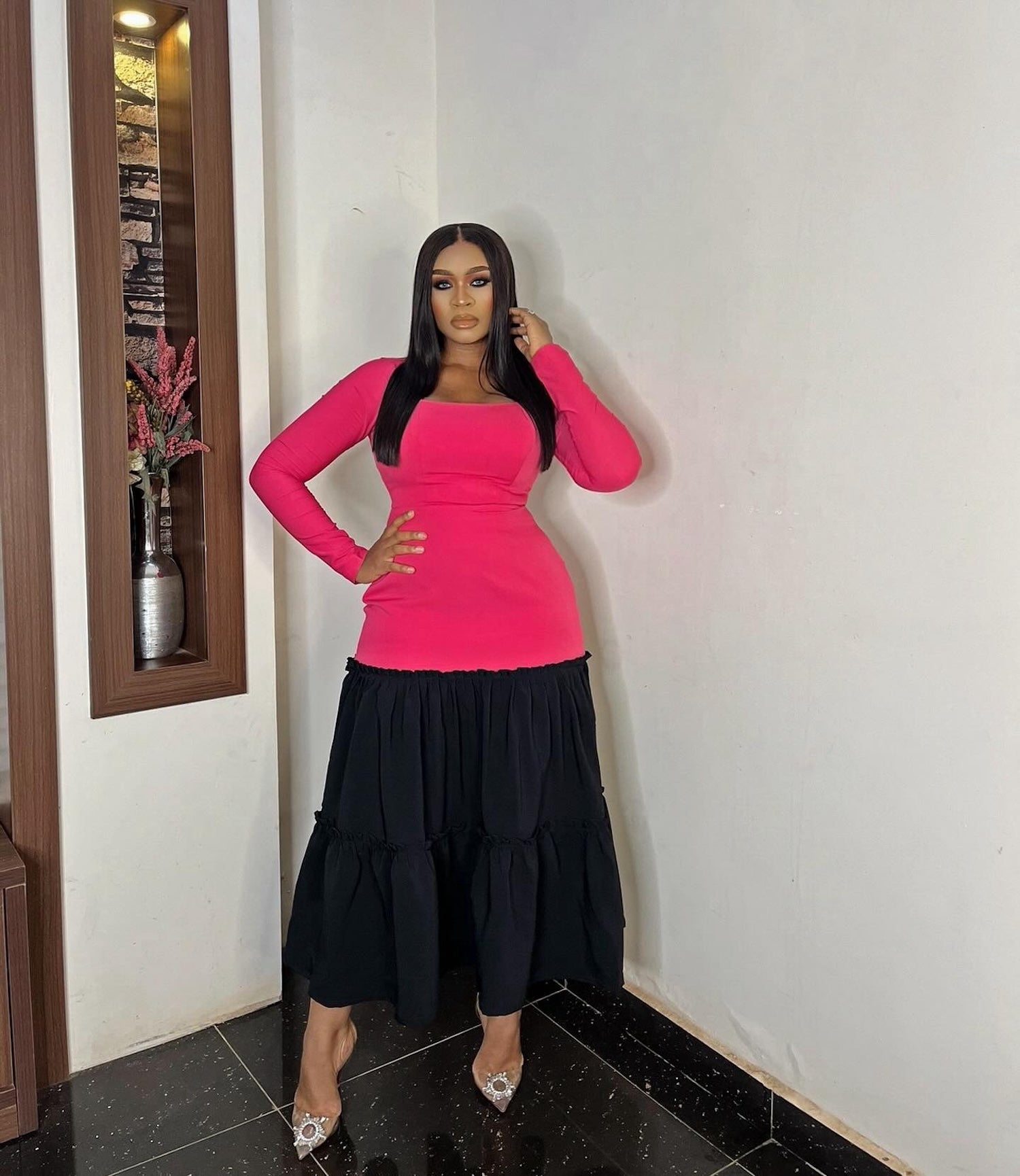 Pink and Black Square Neck Midi Dress