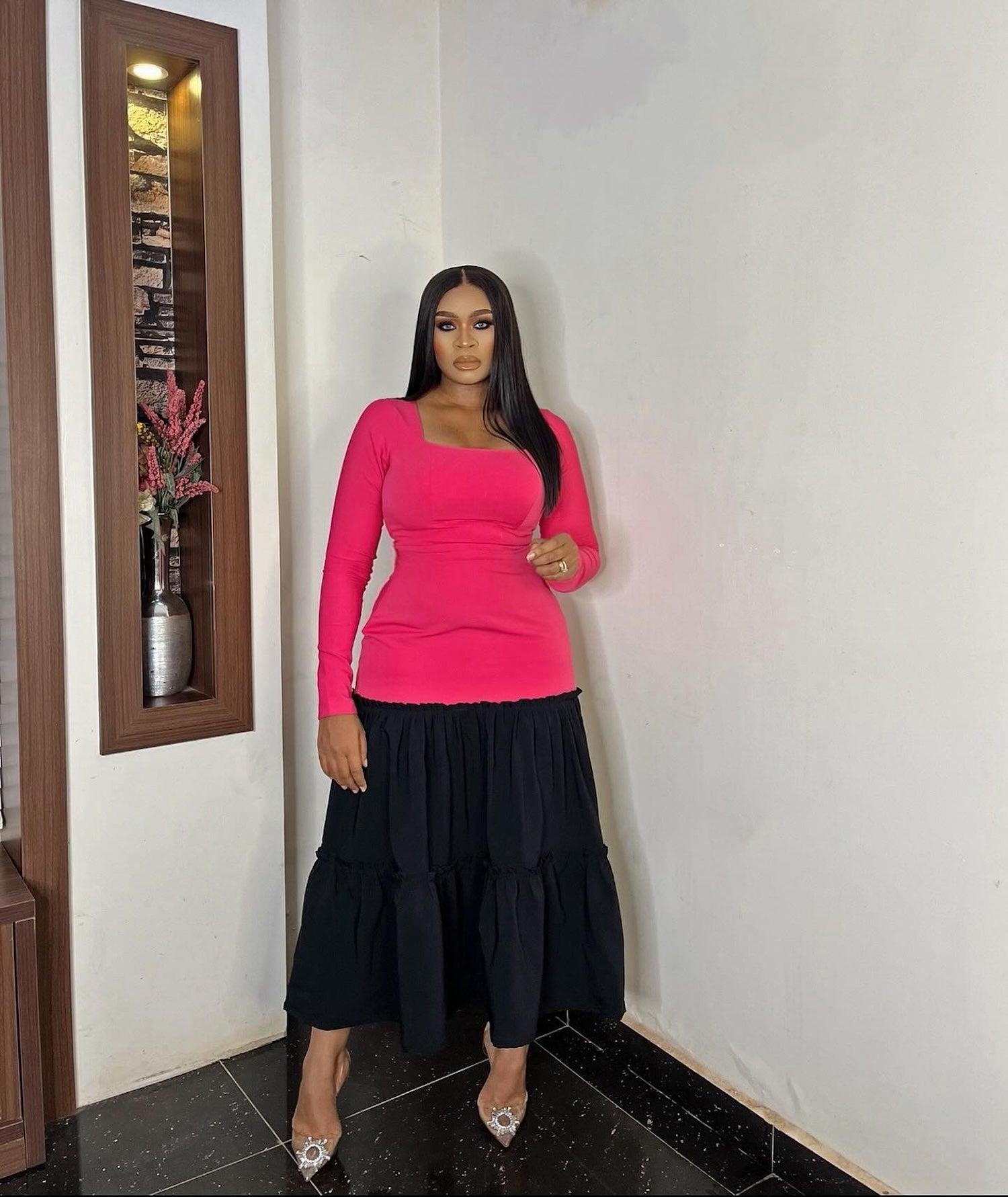 Pink and Black Square Neck Midi Dress