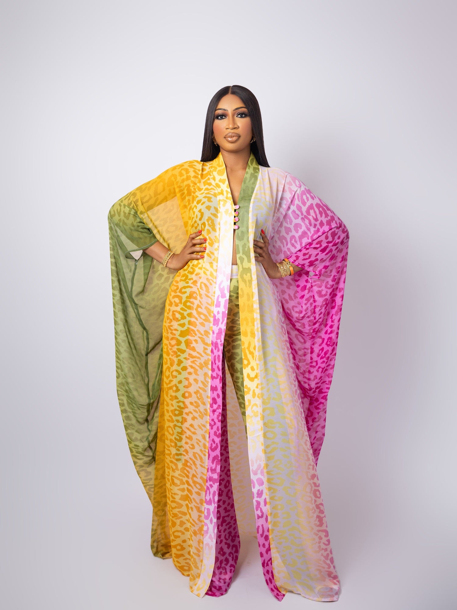 Multicolor Two-Piece Kimono Set