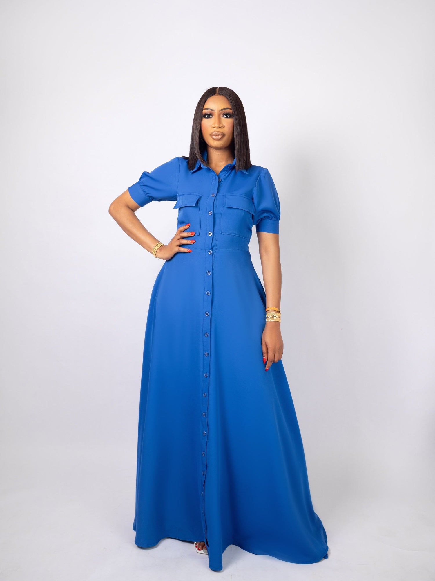 Blue Short Sleeve Maxi Shirt Dress