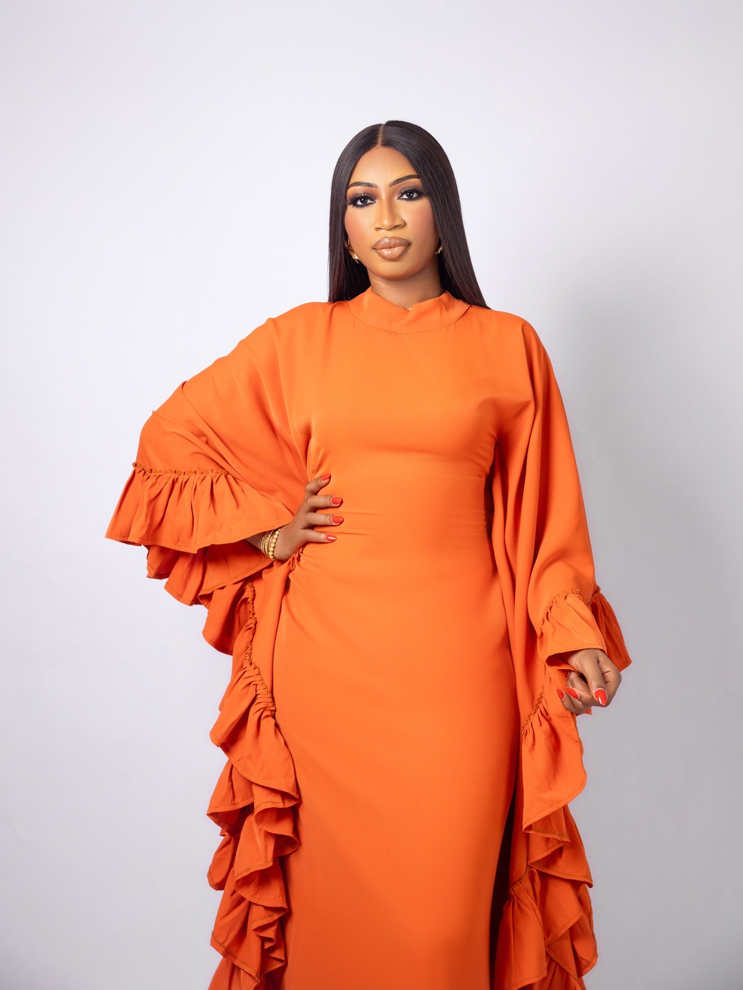 Orange Ruffle Sleeve Dress