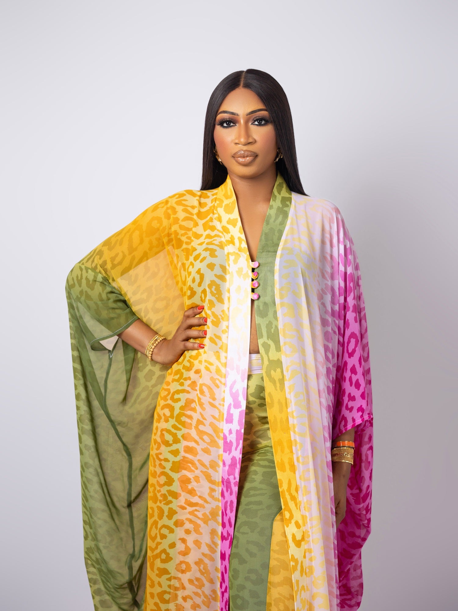 Multicolor Two-Piece Kimono Set