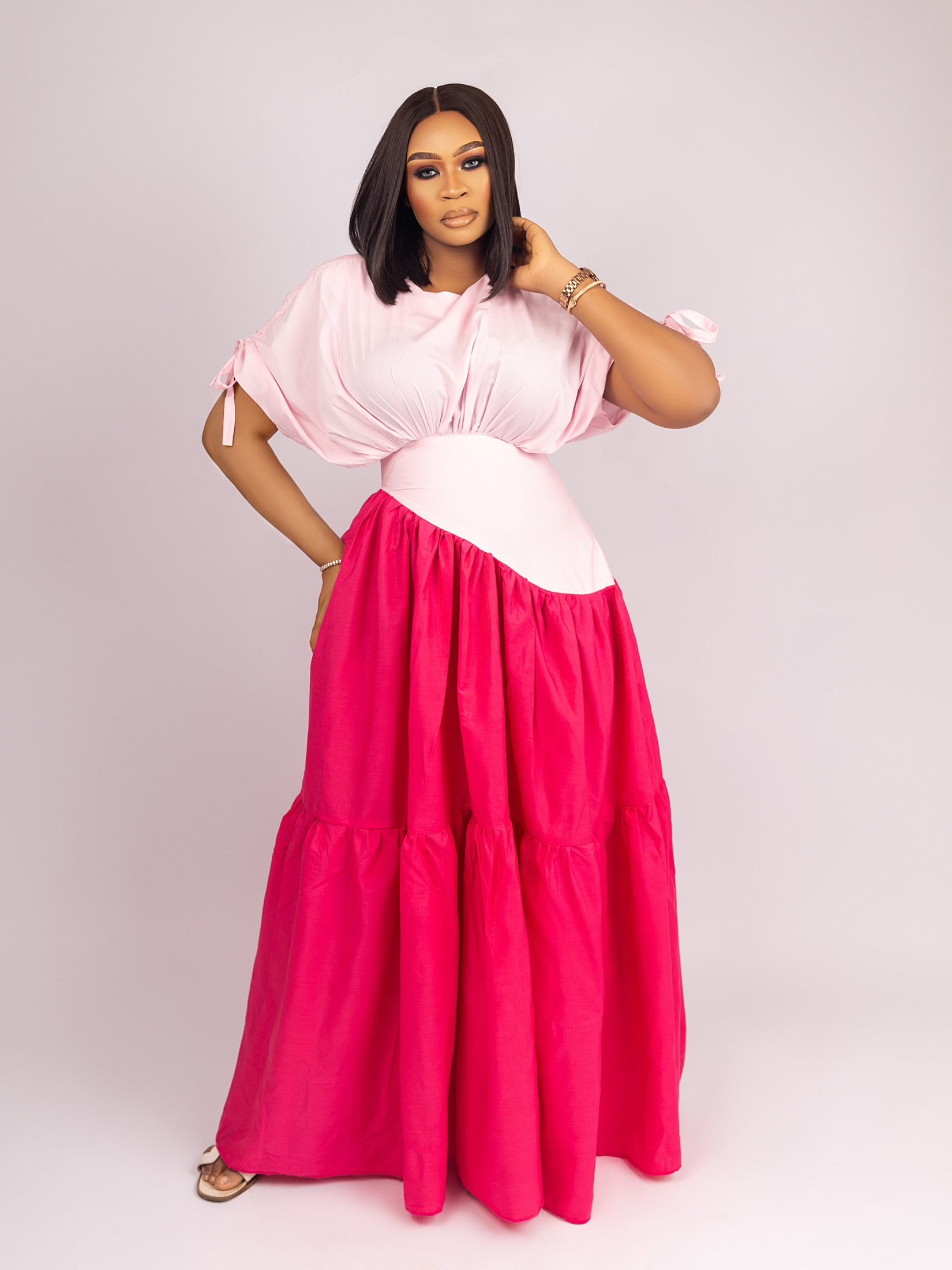 Two tone pull string shoulder long dress