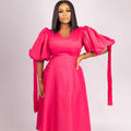 Pink puffy sleve middle length dress